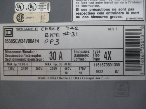Square D 8538SCW24V06AF4 Size 1 Starter 30 Amp Fused Type 4X Combination 8536 3R (TK1269-4)