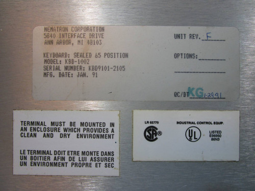 Nematron KBD-1002 Keyboard Sealed 65 Key Membrane KBD1002 PLC Operator Interface (NP1096-1)
