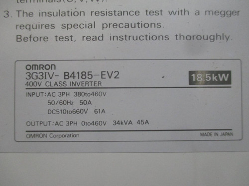 Omron Sysdrive 400V Class AC Inverter Drive 3G3IV-B4185-EV2 25 HP 18.5kW 34kVA (TK1581-1)