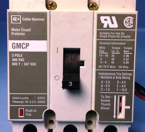 Cutler Hammer GMCP003A0C 3A Circuit Breaker w/ Aux 480V GMCP Westinghouse 3 Amp (EM1492-3)