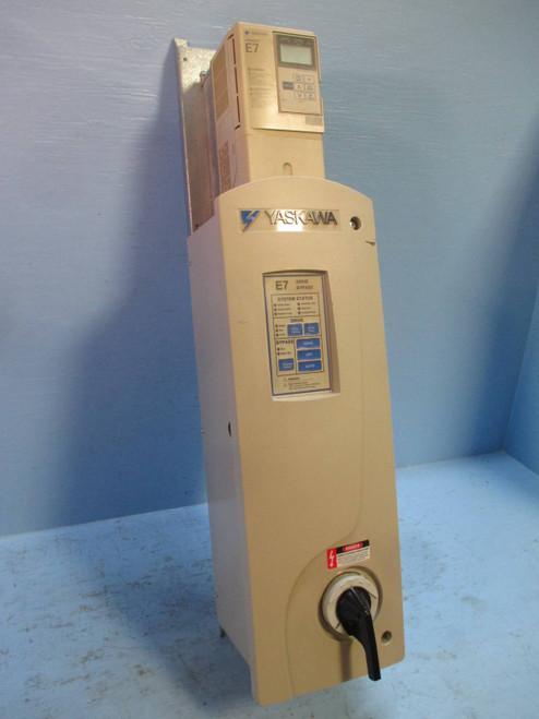 Yaskawa E7 Varispeed  CIMR-E7U43P7 VS Drive 7.6 Amp 480V 5.8kVA w/ E7N Bypass (TK2091-1)