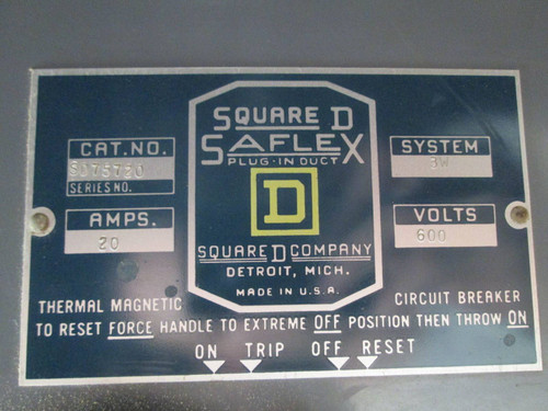 Square D Saflex SD75720 20 Amp 600V Bus Plug Breaker 3P 3W Busway Plug-In Unit (EBI4661-2)