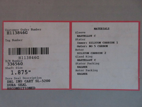 New Durametallic Flowserve SL-5200 Cartridge Dura Seal 336560 1.875" Shaft NIB (TK2512-1)