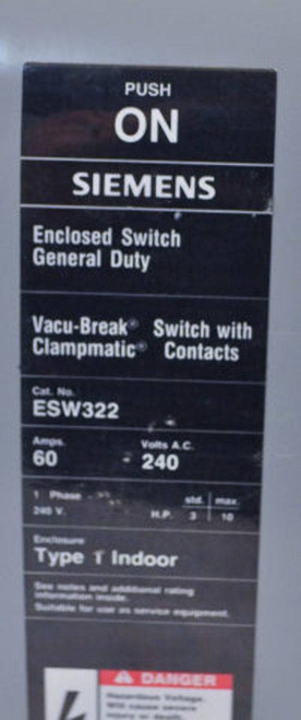 New Siemens ESW322 60A 240V General Duty Vacu-Break Indoor Enclosed Switch NIB (TK2559-73)