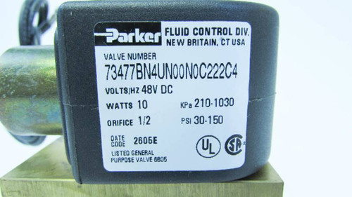 New Parker 73477BN4UN00N0C222C4 48VDC 10W 4 Way Solenoid Valve 30-150PSI NIB (YY3237-1)
