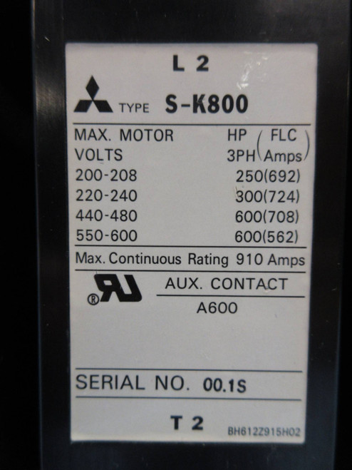 Mitsubishi S-K800 Motor Contactor 910 Amp 600V 600-HP 200-240V Coil 3PH 910A (TK2589-1)
