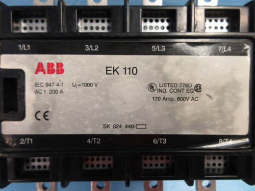 ABB EK-110 Motor Contactor 4-Pole 170 Amp 600V 24V-DC Coil 4P 170A EK110 RB (TK2593-8)