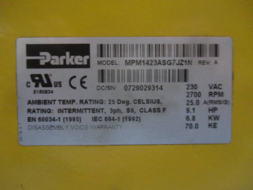 Parker MPM1423ASG7JZ1N 9.1 HP Servo Motor 2700 RPM 230V 25A MTS (DW0208-1)
