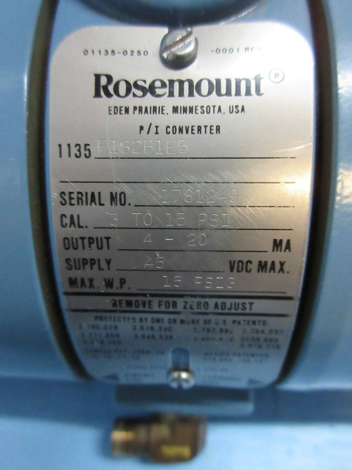 Rosemount 1135-F1S2B1E5 1135 P/I Converter 3-15 PSI 4-20 MA 45Vdc 4X 15 PSIG (TK2714-3)