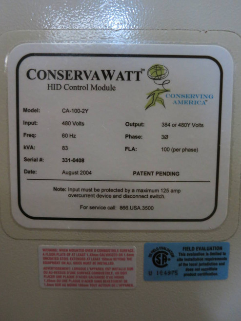 Conserva Watt HID Control Module CA-100-2Y In:480V Out:384 480Y 3PH 83kVA 100FLA (PM2653-1)