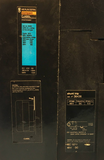 Merlin Gerin CJ400L 36060 400A Compact Circuit Breaker 350 Amp Trip Aux & Shunt (EM2101-2)