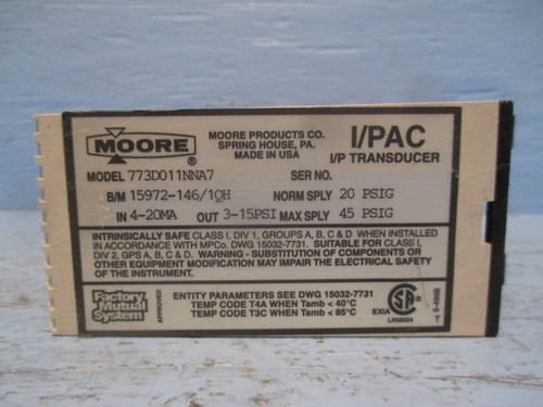 Moore 773D011NNA7 PLC I/PAC 15972-146 I/P Transducer Module 4-20 mA 45 PSIG (DW0374-9)