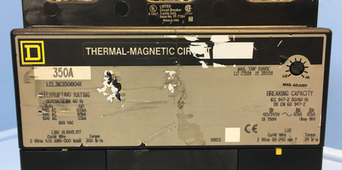 Square D LCL363508041 350A Circuit Breaker 600V w/ Shunt 3P 350 Amp bad label (EM2234-1)
