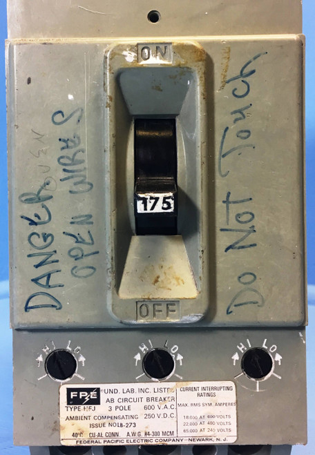 FPE HFJ631175 175A AB Circuit Breaker Type HFJ 600V 3P Federal Pacific 175 Amp (EM2279-1)
