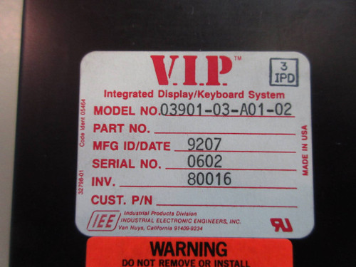 VIP Integrated Display Keyboard System 03901-03-A01-02 Operator Interface Screen (TK3001-5)