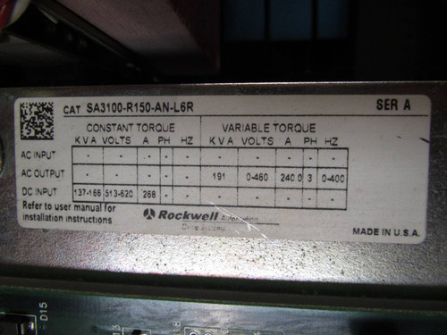 Allen Bradley SA3100-R150-AN-L6R DC AC Power Module Regenerative Inverter Drive (NP1794-1)