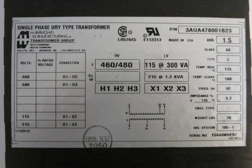 Hammond 1.5 kVA 460 / 480 to 115/215 V Dry Type 1PH Transformer 3AUA478001B23 (DW0482-1)