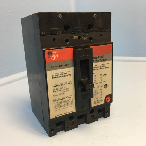 GE TEML36015 15A Mag-Break Circuit Breaker w/ Aux 600V 15 Amp General Electric (EM2503-2)