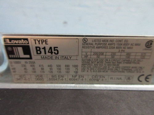 NEW Lovato B145 Contactor 250 Amp 1000V 162 HP 277V Coil 250A 100 HP 3P NNB (TK3249-1)