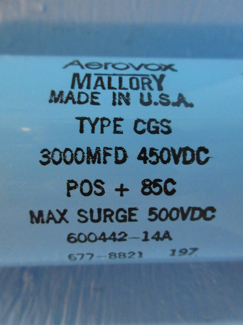 Aerovox Mallory 600442-14A Capacitor Type CGS 3000-MFD 450 VDC 500 Max Surge (TK3262-5)