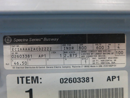 GE Spectra Busway 46.50" Feeder 800A 600V 3PH 4W Aluminum Bus Way Duct 800 Amp (DW0623-1)