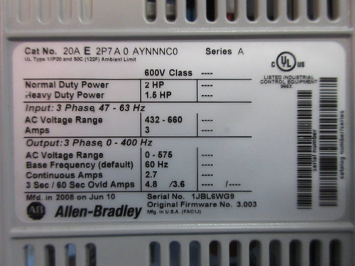 Allen Bradley 20AE2P7A0AYNNNC0 2 HP PowerFlex 70 VS Drive 600V AB 2-HP Series A (TK3780-2)