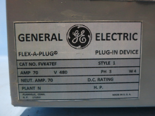 GE FVK47EF 70A 480V 3PH 4W Flex A Plug Breaker Bus Switch 70 Amp 4 Wire FVK4 (DW0928-14)
