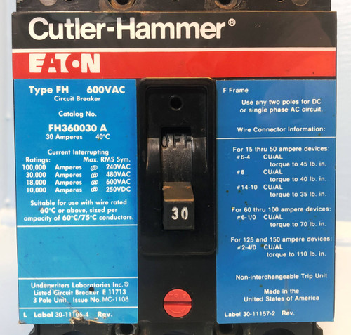Cutler Hammer FH360030A 30A Circuit Breaker 3 Pole 480/600V Type FH Eaton 30 Amp (EM2970-4)