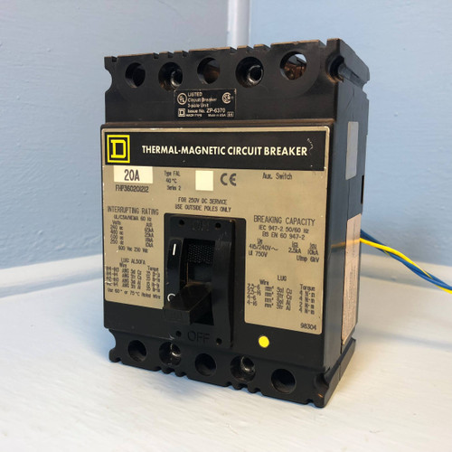 Square D FHP360201212 20A Circuit Breaker w/ Aux 3 Pole 480/600V Type FAL 20 Amp (EM2996-1)