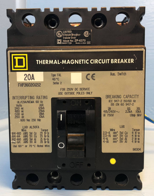 Square D FHP360201212 20A Circuit Breaker w/ Aux 3 Pole 480/600V Type FAL 20 Amp (EM2996-1)