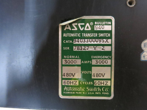 ASCO 9403300095X 3000A 480V Automatic Transfer Switch Bulletin 940 3000 Amp ATS (DW1004-2)