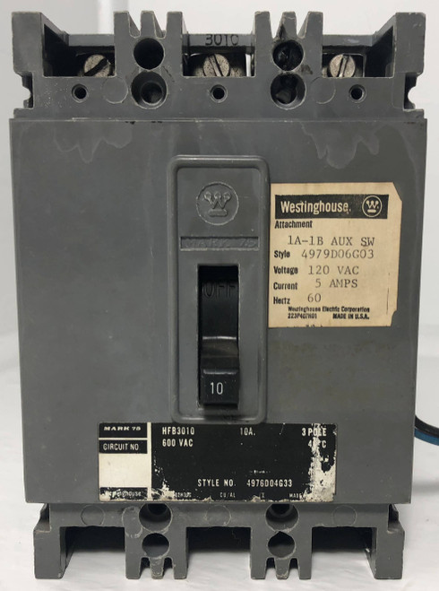 Westinghouse HFB3010 10A Mark 75 Circuit Breaker w/ Aux 600V 3P HFB3010L 10 Amp (EM3124-2)