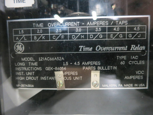 GE 12IAC66A52A Time Overcurrent Relay Type IAC 1.5-4.5 Amp General Electric 4.5A (DW1103-1)