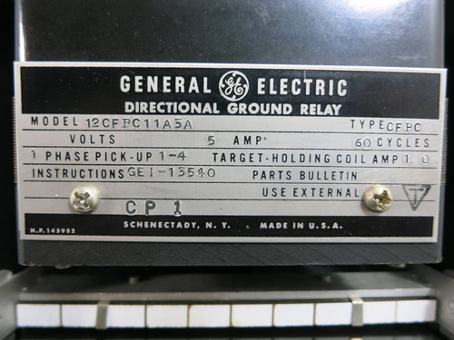 General Electric 12CFPC11A3A Directional Ground Relay GE 5 Amp Type CFPC (TK4596-2) General Electric 12CFPC11A3A Directional Ground Relay GE 5 Amp Type CFPC (TK4596-2)
