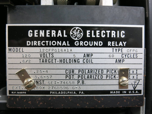 General Electric 12CFPG16A1A Directional Ground Relay GE 120V 5A Type CFPG (TK4594-1)