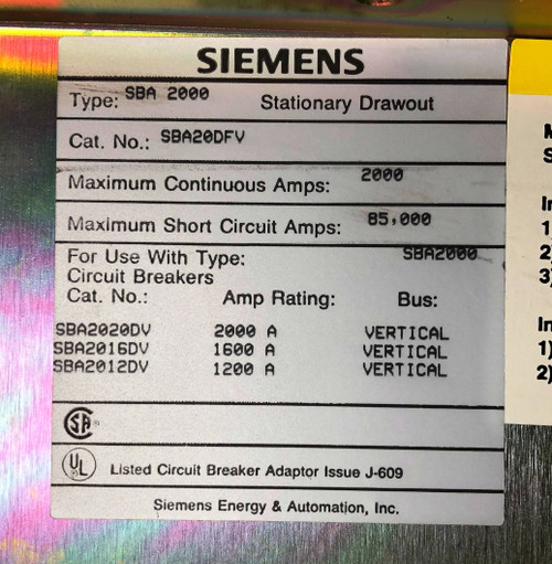 Siemens SBA20DFV Type SBA 2000 Amp Stationary Drawout SBA SBS SBH Breaker 2000A (EM3277-7)