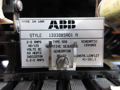 ABB 1333D85A01-A Type SOQ Negative Sequence Generator Relay 2-5A 48/125 Vdc (TK4608-3)
