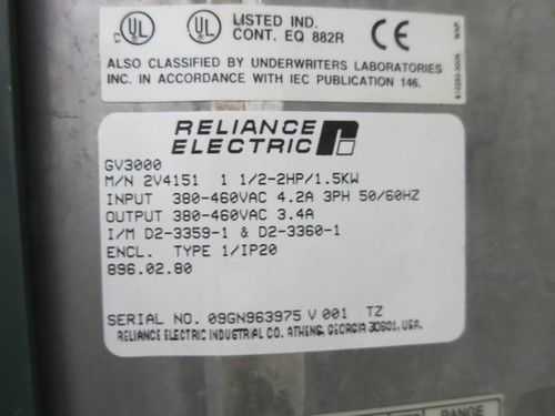 Reliance Electric 2V4151 2 HP GV3000 AC VS Drive RE 1.5/2HP 460V GV-3000 1.5KW (DW1453-1)