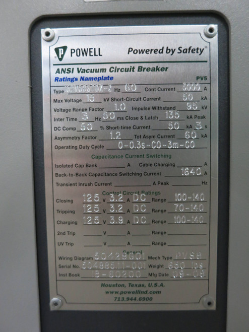 Powell 15PV50STDX-2 3000A 15kV 125DC Powl-Vac Vacuum Breaker PowlVac GE 3000 Amp (DW1457-1)
