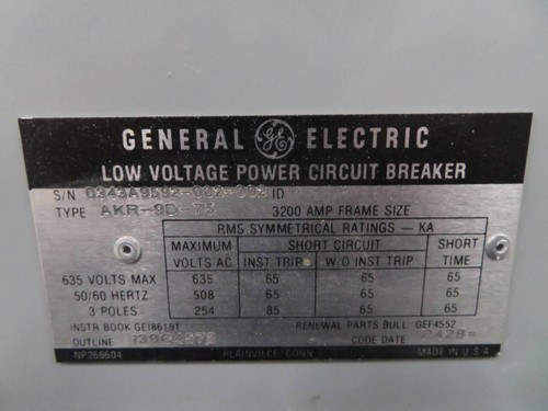 GE AKR-9D-75 3200 Amp Air Breaker EO DO AC PRO Trip Unit AKR9D75 3200A General (NP2275-1)
