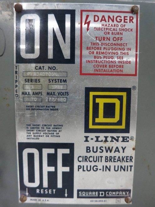 Square D PFA34070GN 70A 480V I-Line Breaker Bus Plug 3PH 4W 70 Amp PFA-34070-GN (DW1507-2)