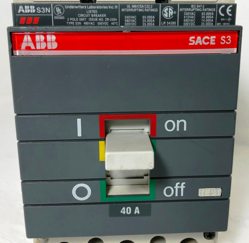 ABB Type S3N SACE S3 40A 2 Pole Circuit Breaker 25kA @ 480 VAC 2P 40 Amp (EM3557-2)