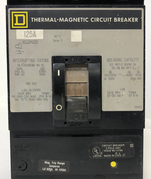 Square D KCJ34125 125A Circuit Breaker 480 VAC 3 Pole S2 KCJ-34125 125 Amp (EM3582-9)