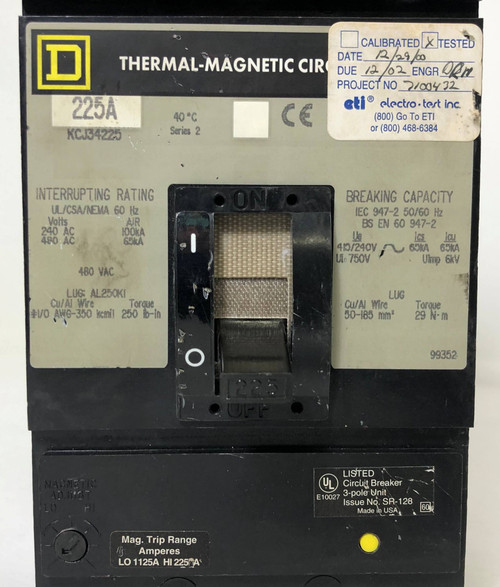 Square D KCJ34225 225A Circuit Breaker 480 VAC 3 Pole S2 KCJ-34225 225 Amp (EM3584-1)