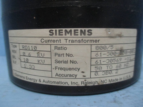 Siemens Allis 61-300-058-081 Type RD-110 Current Transformer Ratio 800:5A CT (EBI3765-18)