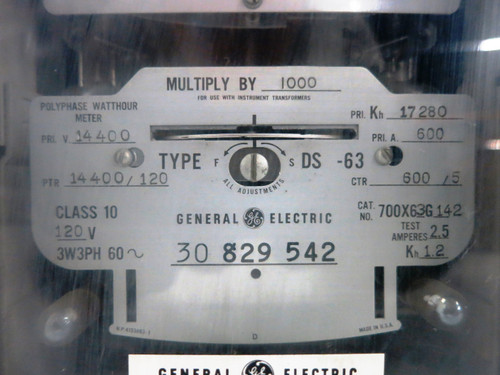 GE 700X63G142 Polyphase Watthour Meter Relay 3PH DS-63 Watt Hour 120V 3P3W 14400 (DW1773-4)
