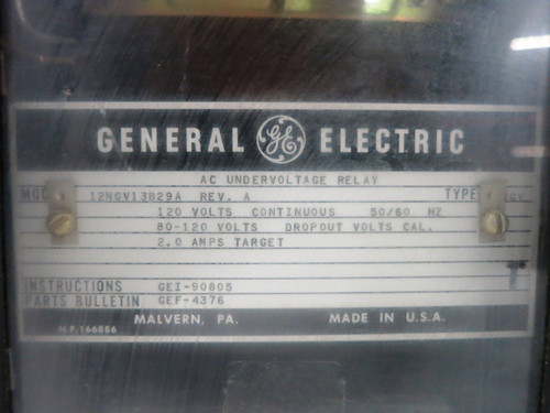 GE 12NGV13B29A AC Undervoltage Relay Type NGV 120V 60Hz 2.0A General Electric (DW1772-2)