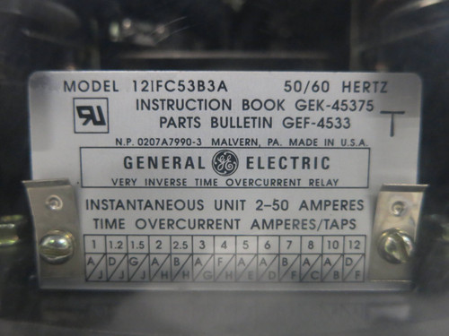 GE 12IFC53B3A Very Inverse Time Overcurrent Relay 50/60Hz 2-50A General Electric (DW1769-5)