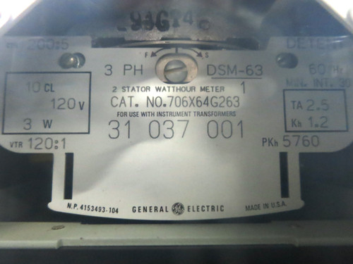 GE 706X64G263 2 Stator Watthour Meter Relay 3PH DS-63 Watt Hour 200:5 120:1 120V (DW1780-2) GE 706X64G263 2 Stator Watthour Meter Relay 3PH DS-63 Watt Hour 200:5 120:1 120V (DW1780-2)