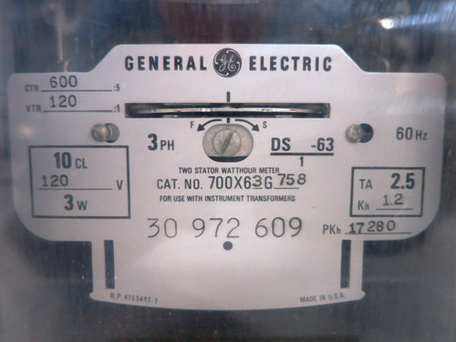 GE 700X63G758 2 Stator Watthour Meter Relay 3PH DS-63 Watt Hour 120V 3P3W 600:5 (DW1795-2)